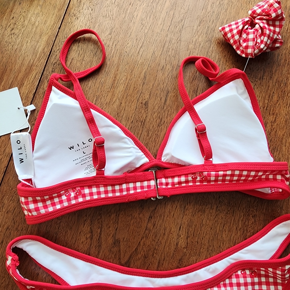 NWT WILO THE LABEL Red Gingham Cherry Bikini Swimsuit Top Bottom and Scrunchie - Picture 6 of 14